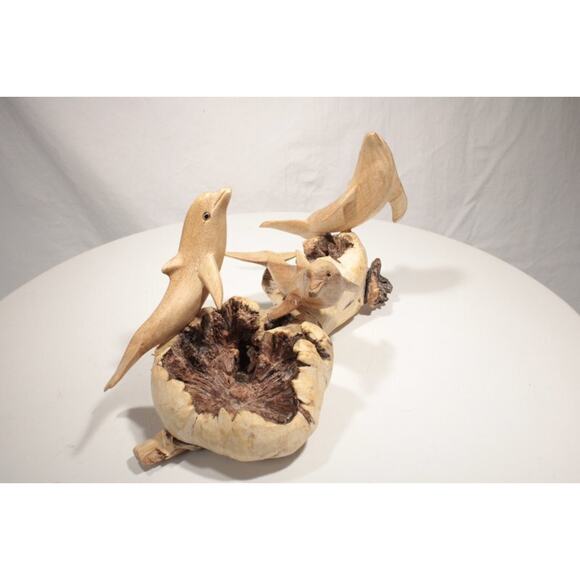 Hand Carved Dolphins Figures on Driftwood Art Beach Coastal Cabin Decor - Picture 4 of 12